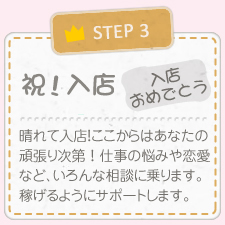入店！ おめでとう！晴れて入店！ここからはあなたの頑張り次第 ！ 仕事の悩みや恋愛など、いろんな相談に乗ります。稼げるようにサポートします。